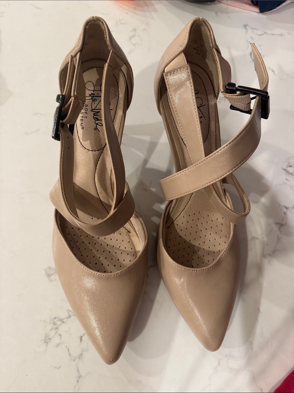 Life Stride Nude Pointed-Toe Ankle-Strap Pumps